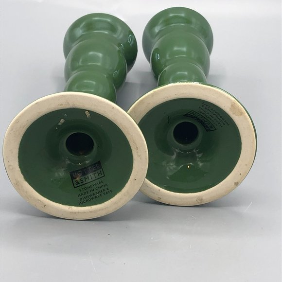 Potter Smith Stoneware set 2 Green Candlesticks - Picture 5 of 7